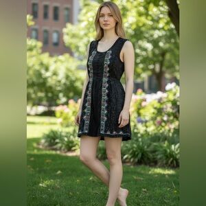 Free People Water Lilly RARE black metallic pinstripe crotchet lace mini dress